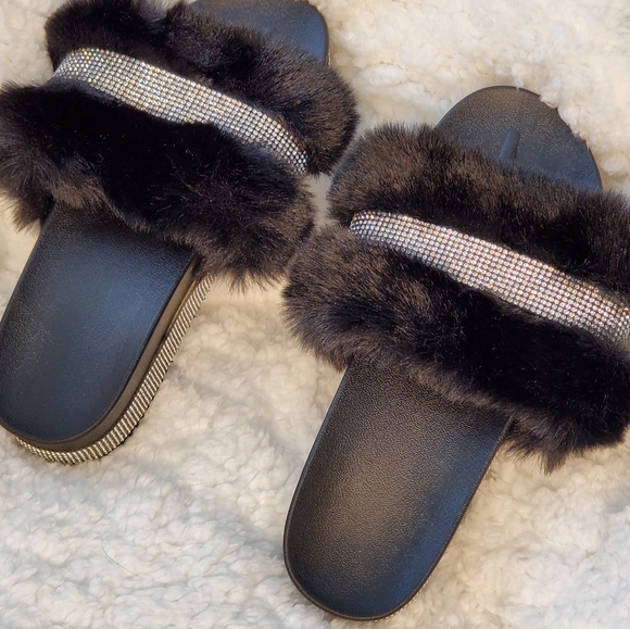 Black Furry and Silver Bedazzled Slippers - Picture 5 of 11
